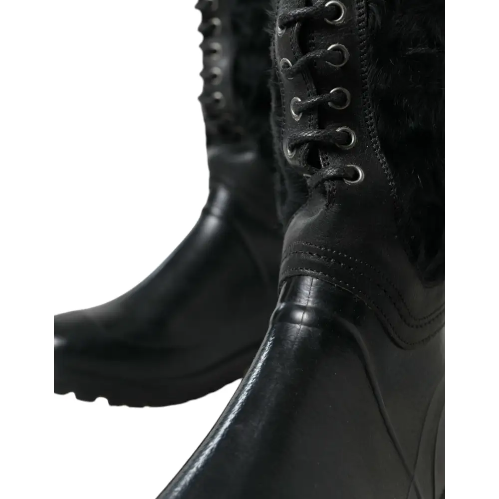 Dolce & Gabbana Schwarze Gummischnürsenkel Shearling Regenstiefel Schuhe
