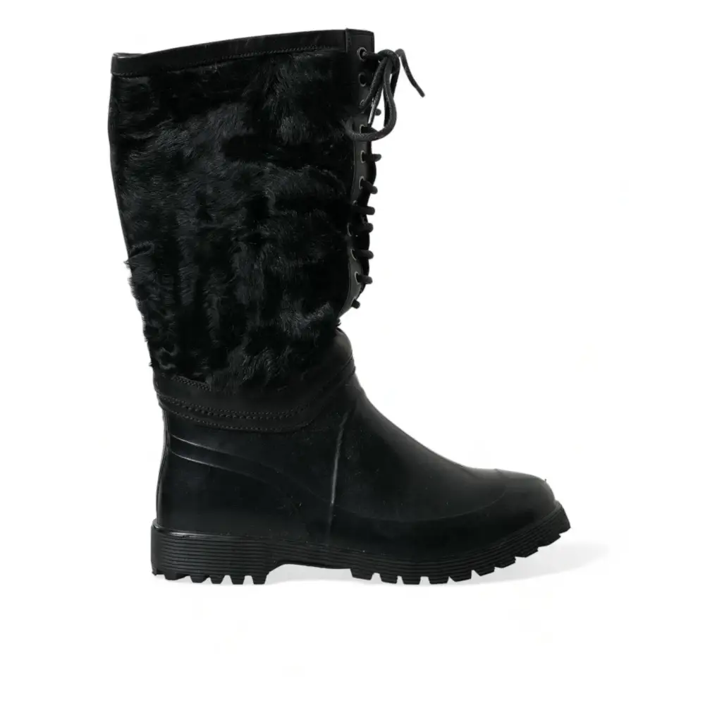 Dolce & Gabbana Schwarze Gummischnürsenkel Shearling Regenstiefel Schuhe
