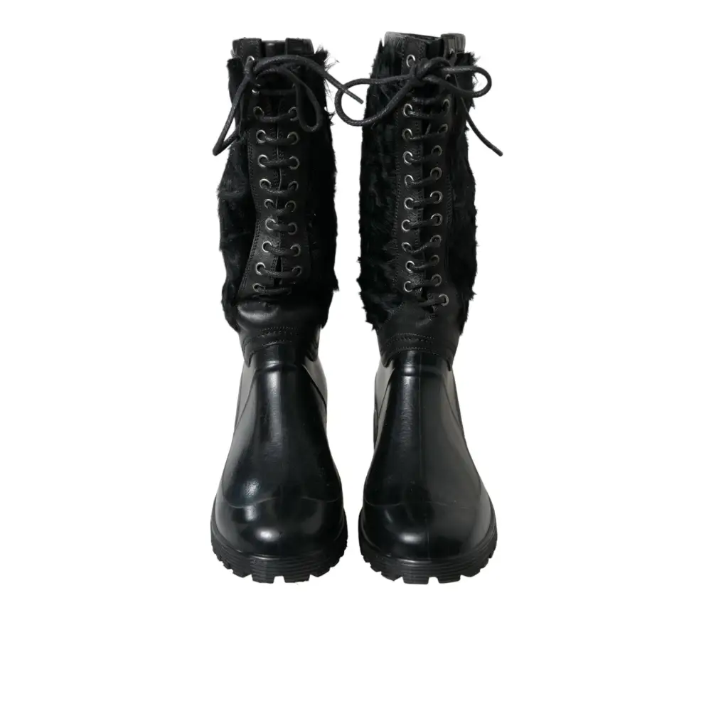 Dolce & Gabbana Schwarze Gummischnürsenkel Shearling Regenstiefel Schuhe