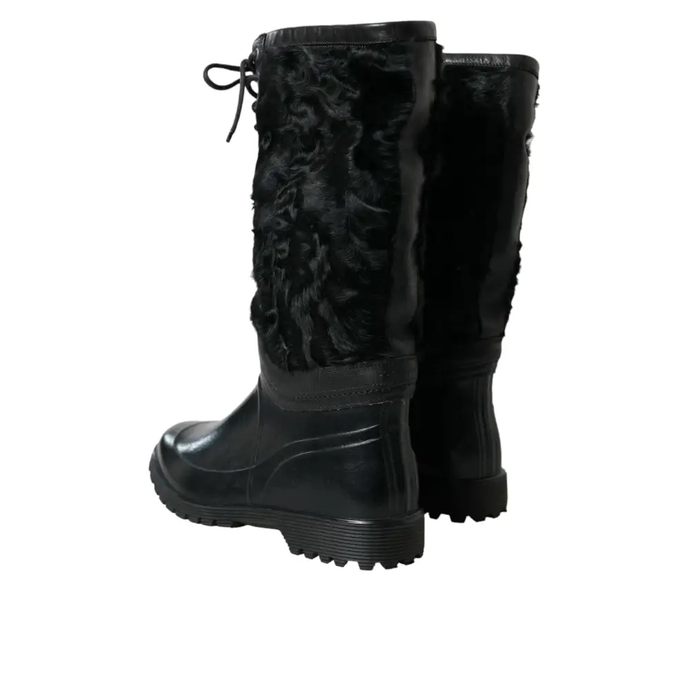 Dolce & Gabbana Schwarze Gummischnürsenkel Shearling Regenstiefel Schuhe