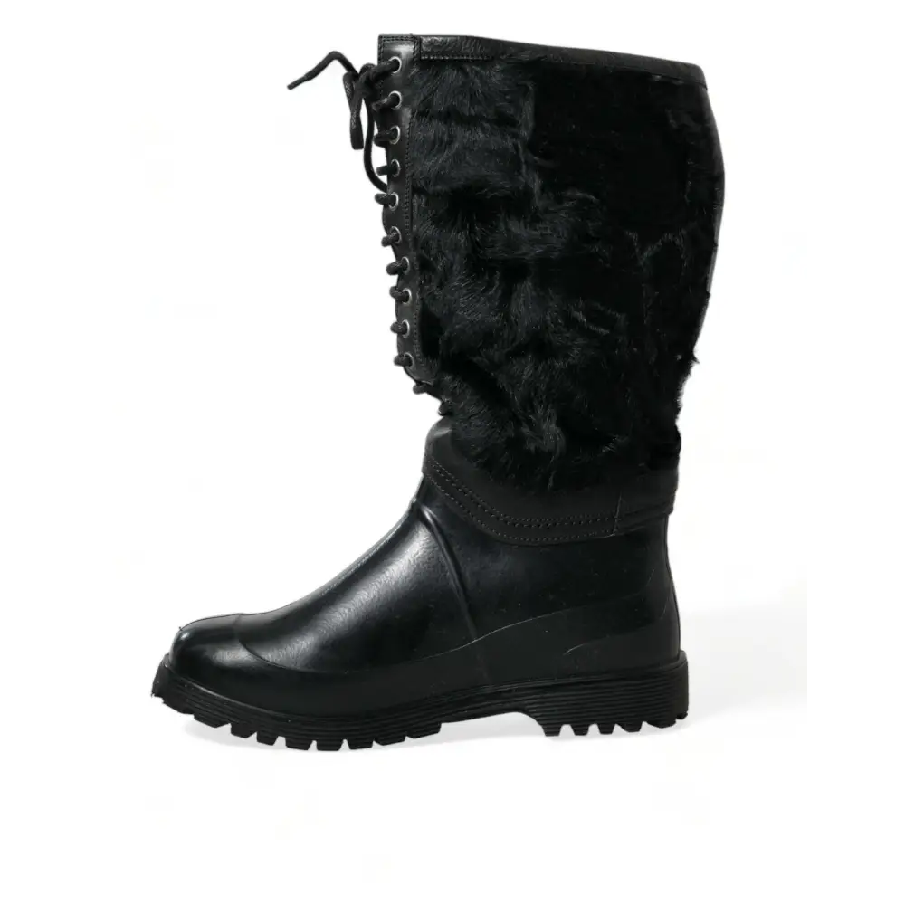 Dolce & Gabbana Schwarze Gummischnürsenkel Shearling Regenstiefel Schuhe