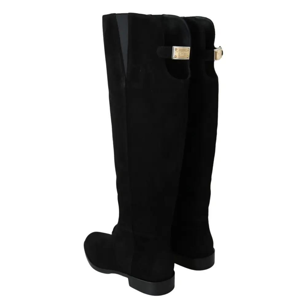 Dolce & Gabbana Schwarze kniehohe flache Wildlederstiefel Schuhe - EU35/US4.5