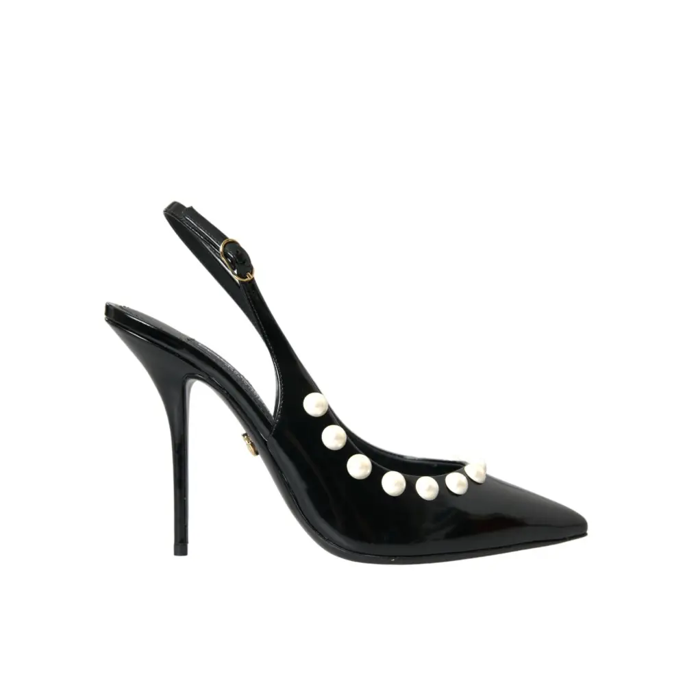 Dolce & Gabbana Schwarze Leder Faux Perle Ferse Slingback Schuhe - EU40/US9.5