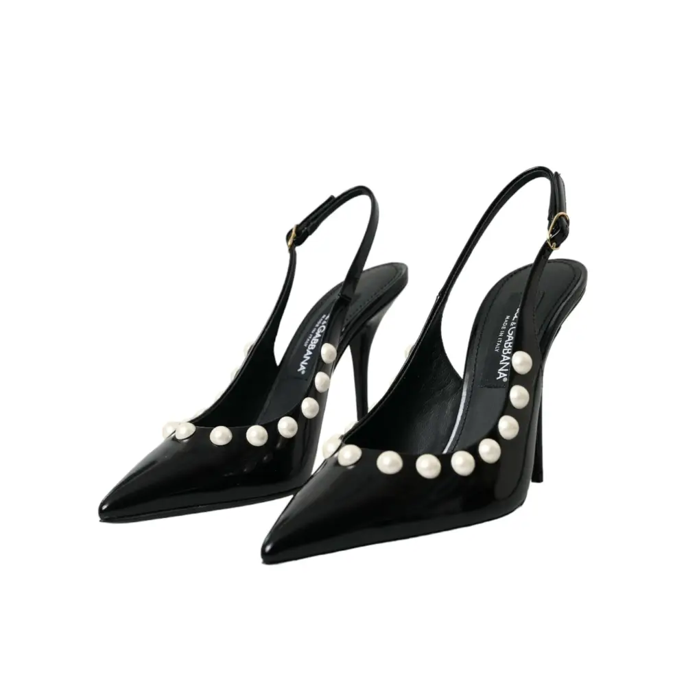 Dolce & Gabbana Schwarze Leder Faux Perle Ferse Slingback Schuhe - EU40/US9.5