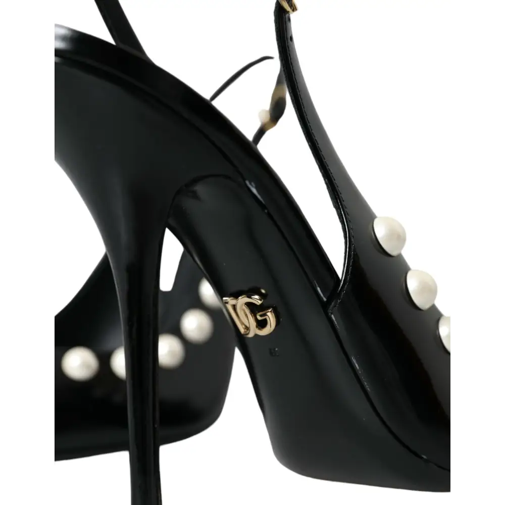 Dolce & Gabbana Schwarze Leder Faux Perle Ferse Slingback Schuhe - EU40/US9.5