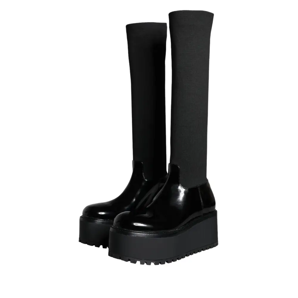 Dolce & Gabbana Schwarze Leder Jersey Kniehohe Stiefel Schuhe - EU39/US8.5