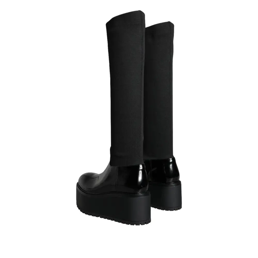 Dolce & Gabbana Schwarze Leder Jersey Kniehohe Stiefel Schuhe - EU39/US8.5