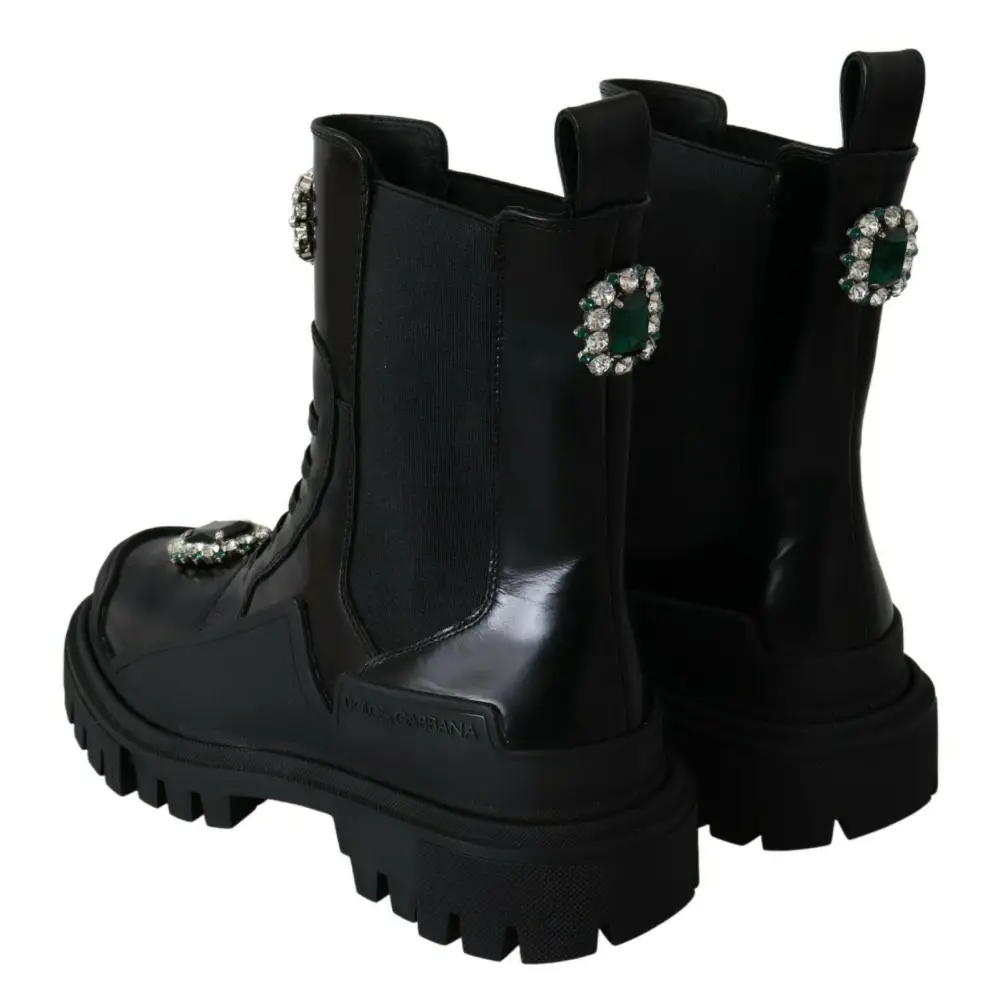 Dolce & Gabbana Schwarze Leder-Kristall-Kampfstiefel - EU35/US4.5