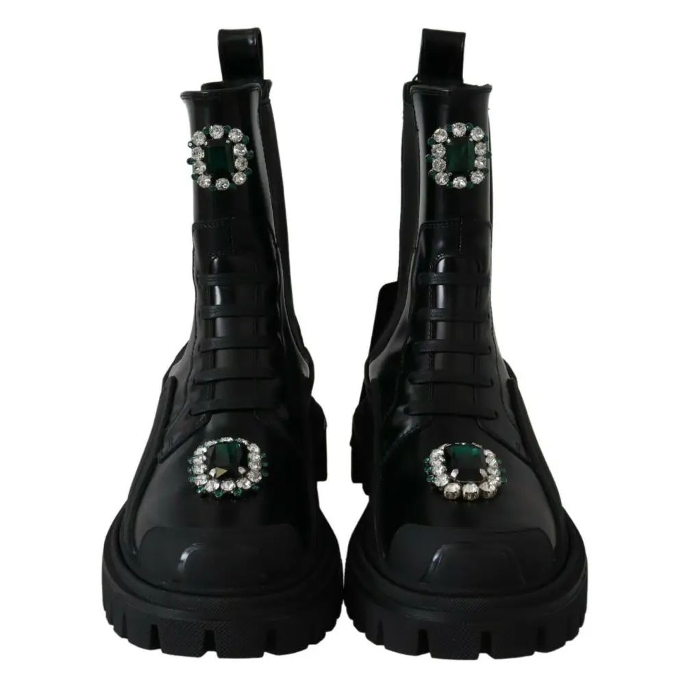 Dolce & Gabbana Schwarze Leder-Kristall-Kampfstiefel - EU35/US4.5