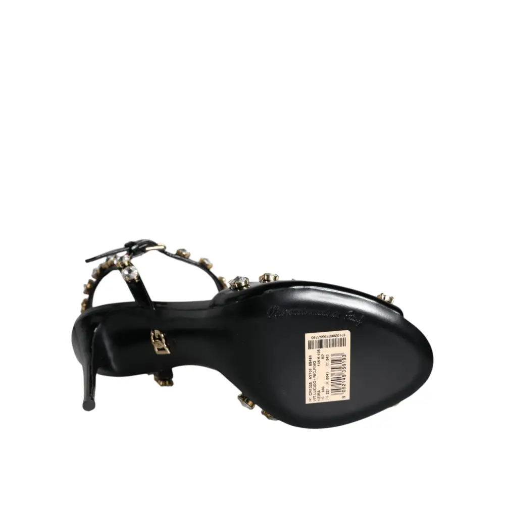 Dolce & Gabbana Schwarze Leder-Kristall-Knöchelriemen-Sandalen Schuhe - EU39/US8.5