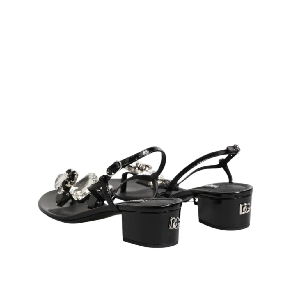 Dolce & Gabbana Schwarze Leder-Kristall-Knöchelriemen-Sandalen Schuhe