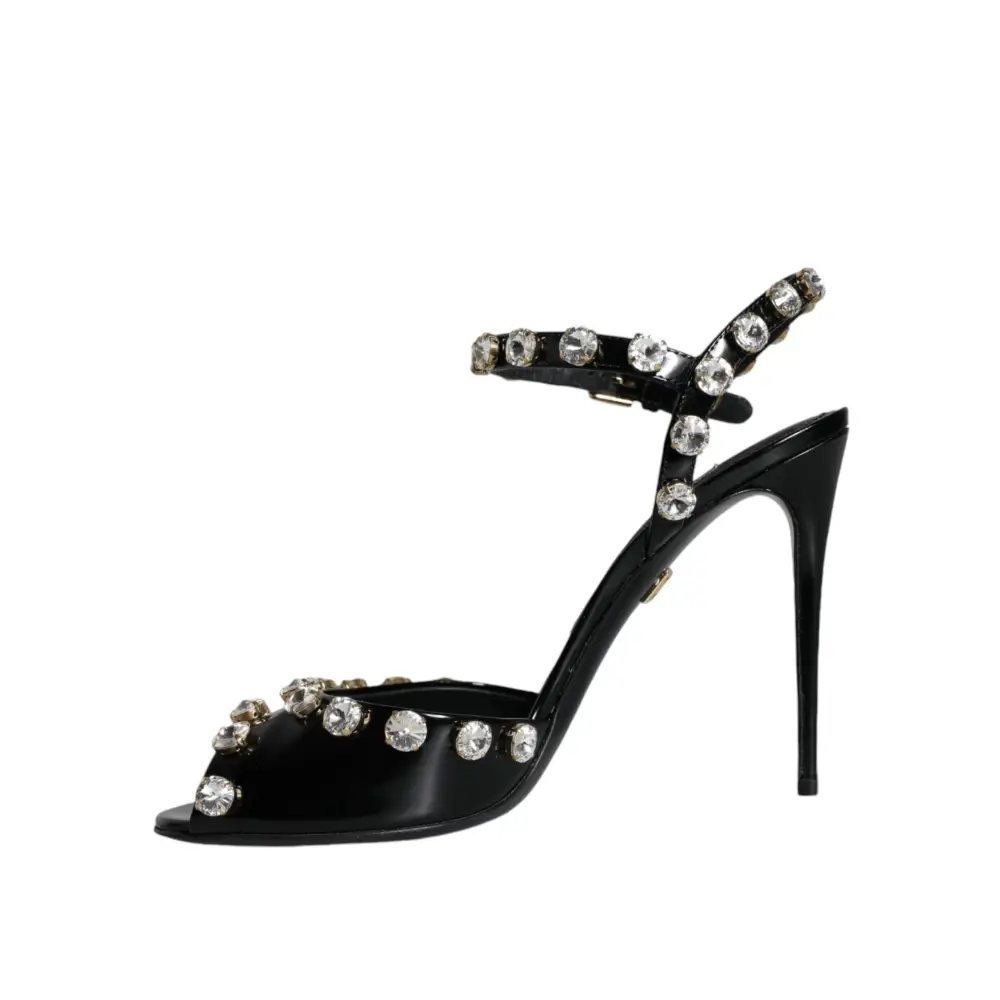Dolce & Gabbana Schwarze Leder-Kristall-Knöchelriemen-Sandalen Schuhe - EU39/US8.5