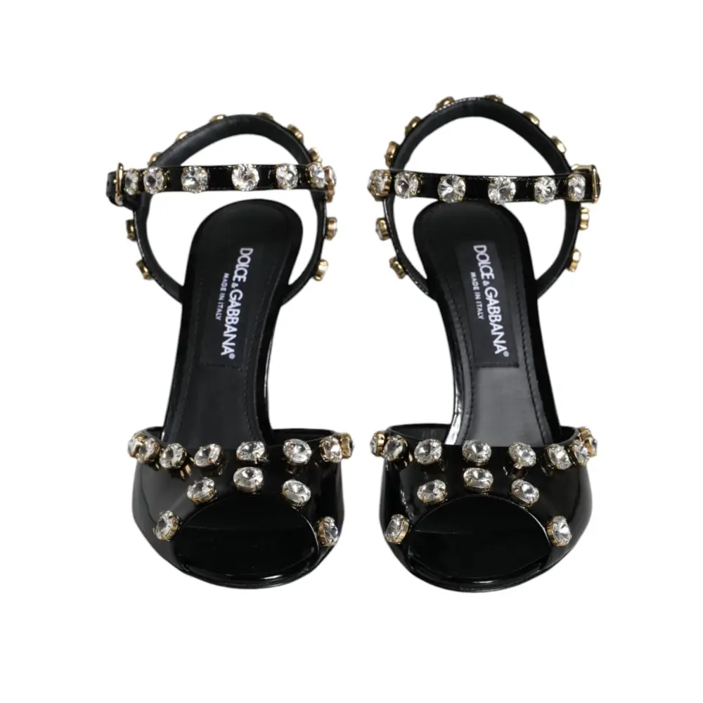 Dolce & Gabbana Schwarze Leder-Kristall-Knöchelriemen-Sandalen Schuhe - EU39/US8.5