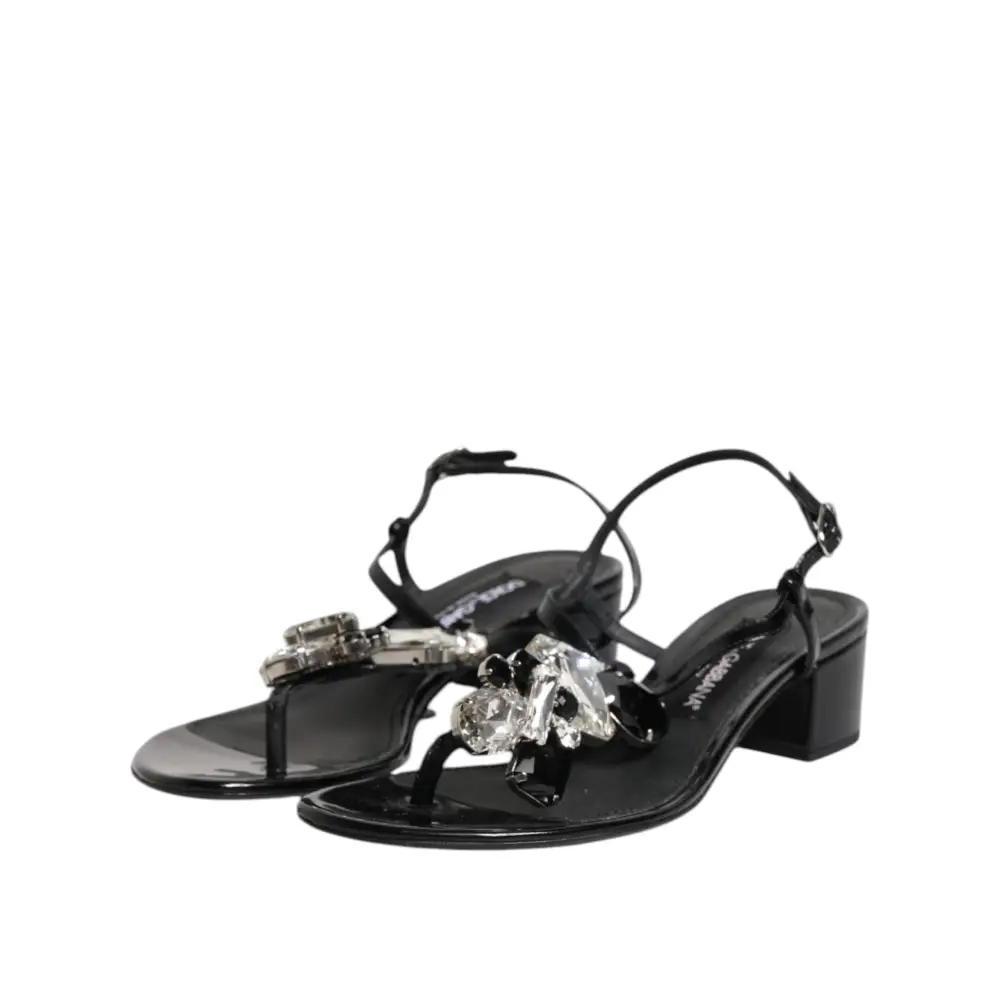 Dolce & Gabbana Schwarze Leder-Kristall-Knöchelriemen-Sandalen Schuhe