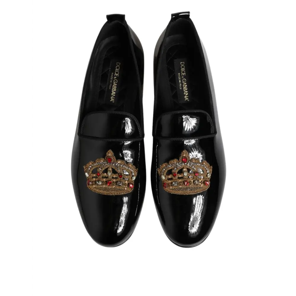 Dolce & Gabbana Schwarze Leder-Loafer mit goldener Krone für Herren - EU43/US10