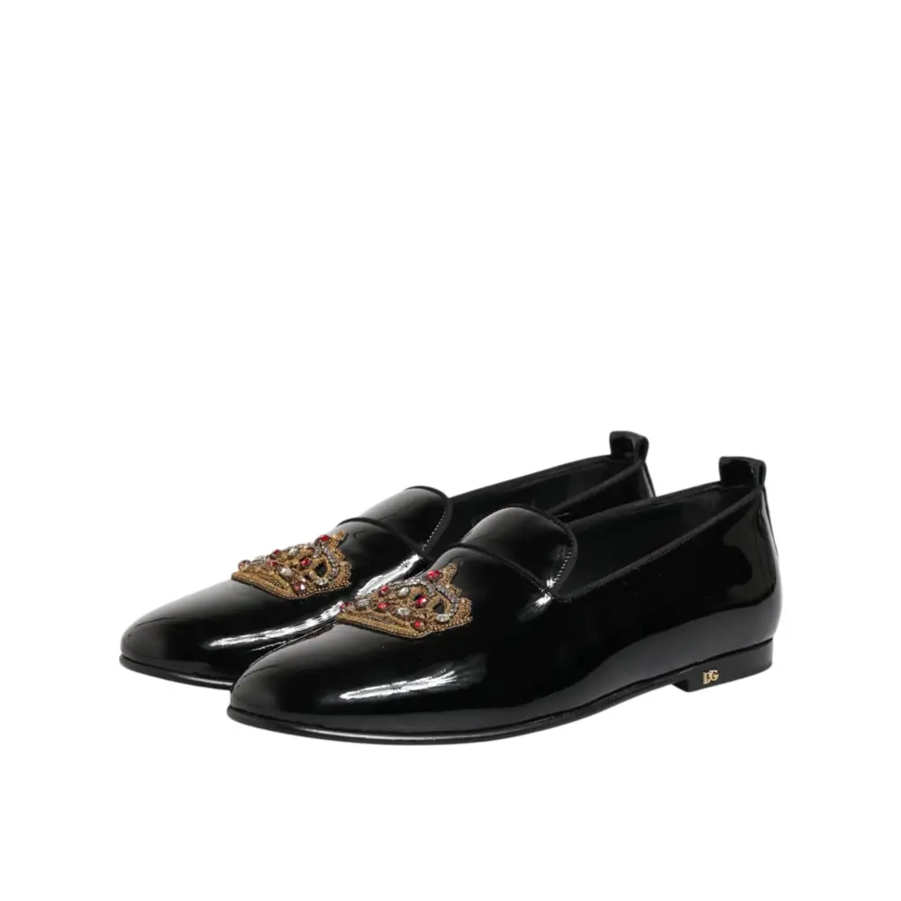 Dolce & Gabbana Schwarze Leder-Loafer mit goldener Krone für Herren - EU43/US10