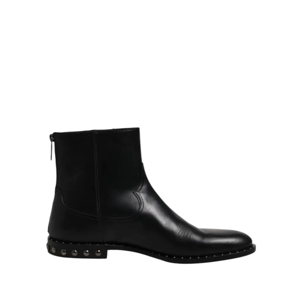 Dolce & Gabbana Schwarze Leder Logo-Stiefeletten Nietenschuhe - EU44/US11