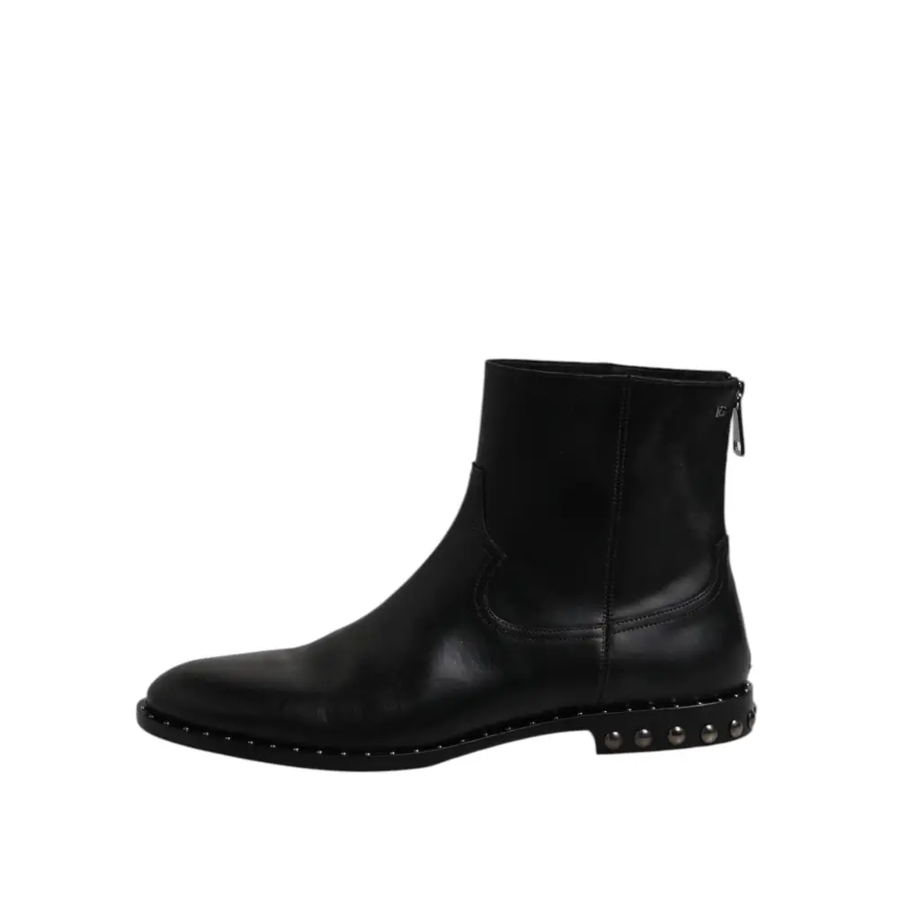 Dolce & Gabbana Schwarze Leder Logo-Stiefeletten Nietenschuhe - EU44/US11