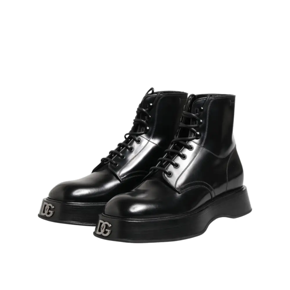 Dolce & Gabbana Schwarze Leder Logo-Stiefeletten Schnürschuhe - EU43/US10