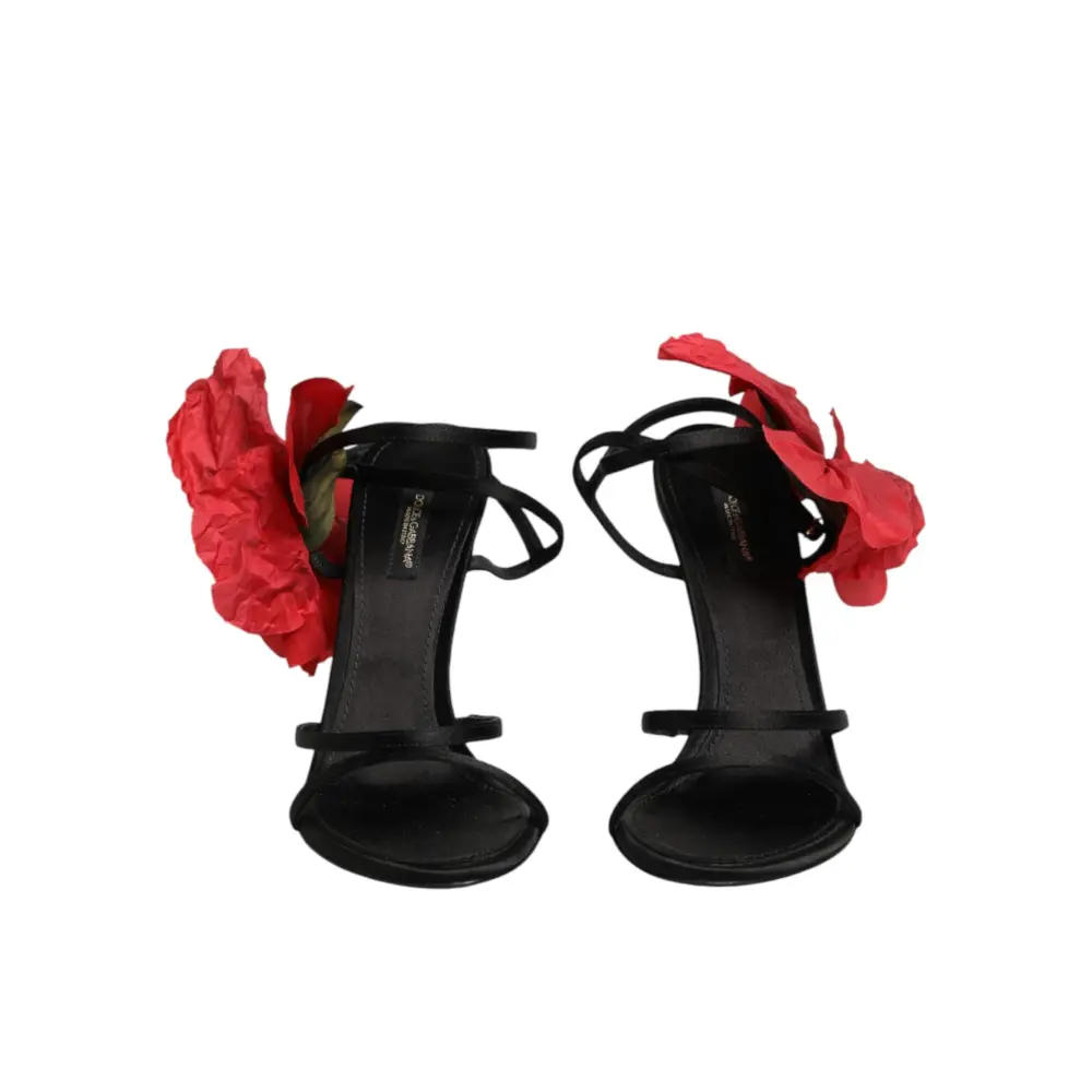 Dolce & Gabbana Schwarze Leder-Sandalen mit Riemchen und Blumen-Applikation - EU39/US8.5