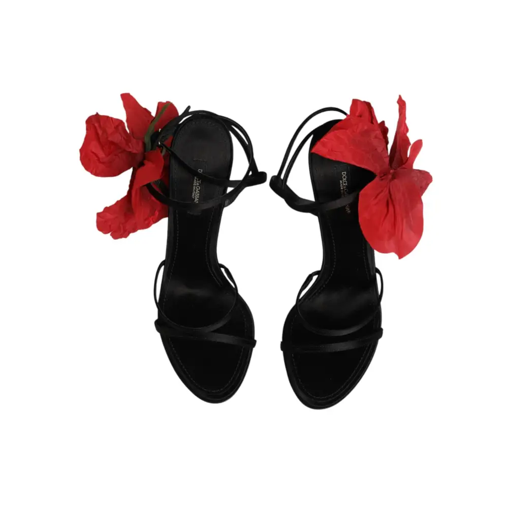 Dolce & Gabbana Schwarze Leder-Sandalen mit Riemchen und Blumen-Applikation - EU39/US8.5