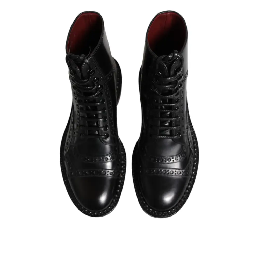Dolce & Gabbana Schwarze Leder Schnürstiefel mit mittlerer Wade