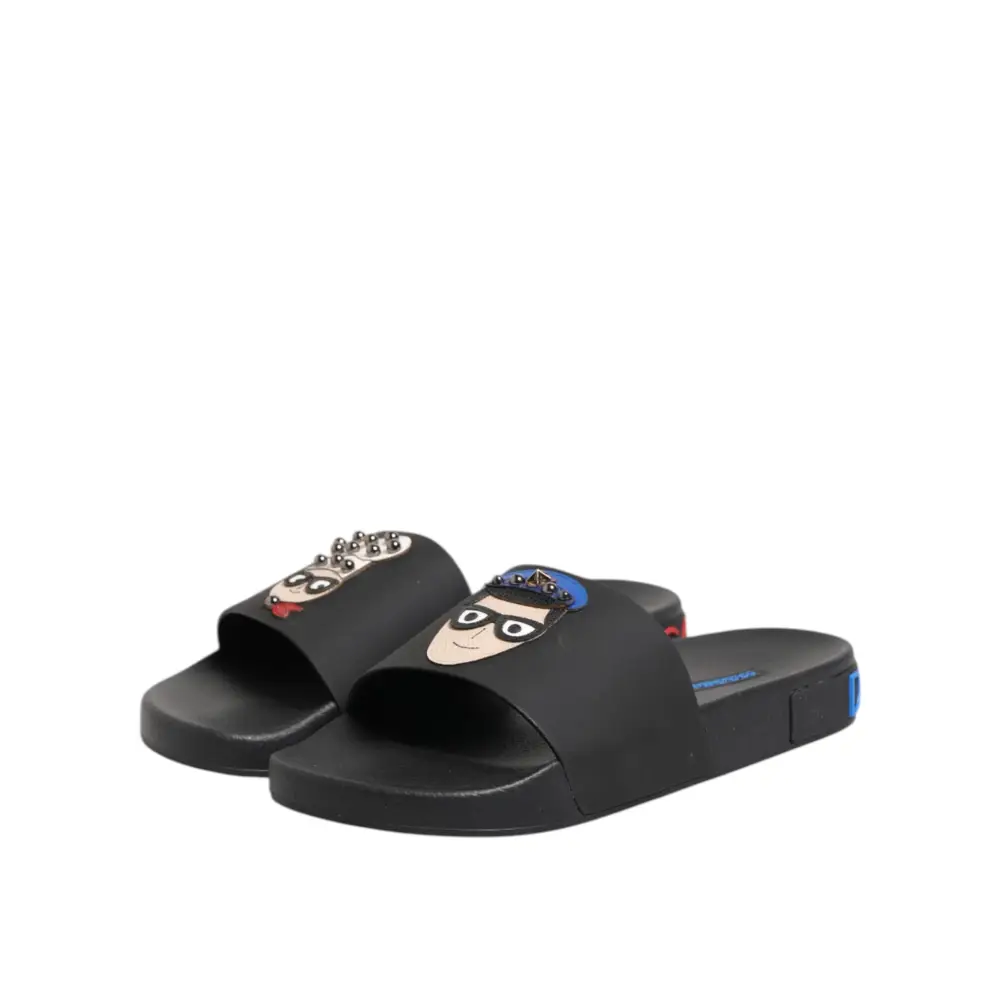 Dolce & Gabbana Schwarze Leder Slides Flats Beachwear Schuhe - EU40/US7