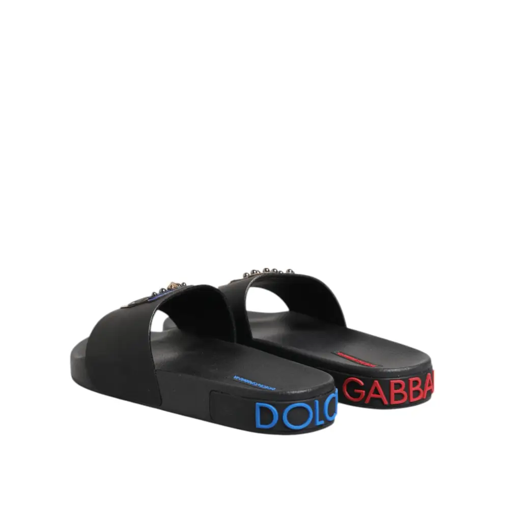 Dolce & Gabbana Schwarze Leder Slides Flats Beachwear Schuhe - EU40/US7