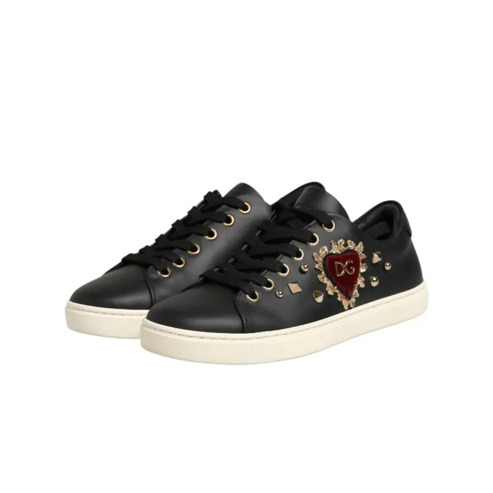 Dolce & Gabbana Schwarze Leder-Sneaker mit Sacred-Heart-Motiv - EU35/US4.5