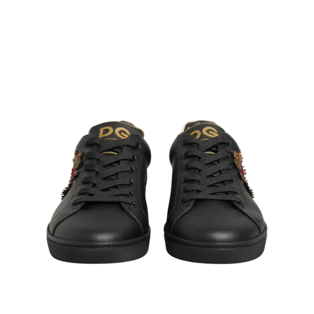 Dolce & Gabbana Schwarze Leder-Sneakers mit Herz-Verzierung