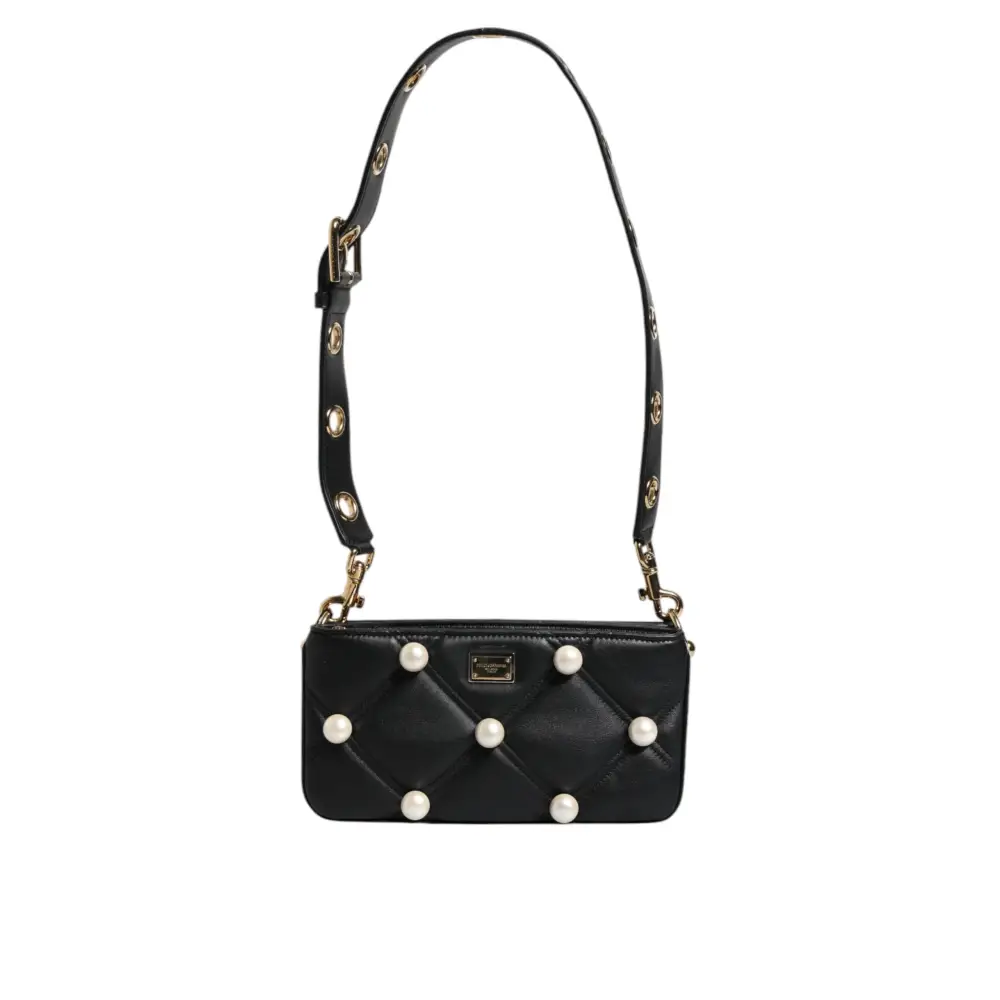 Dolce & Gabbana Schwarze Lederumhängetasche mit Logo und Perlenverzierung