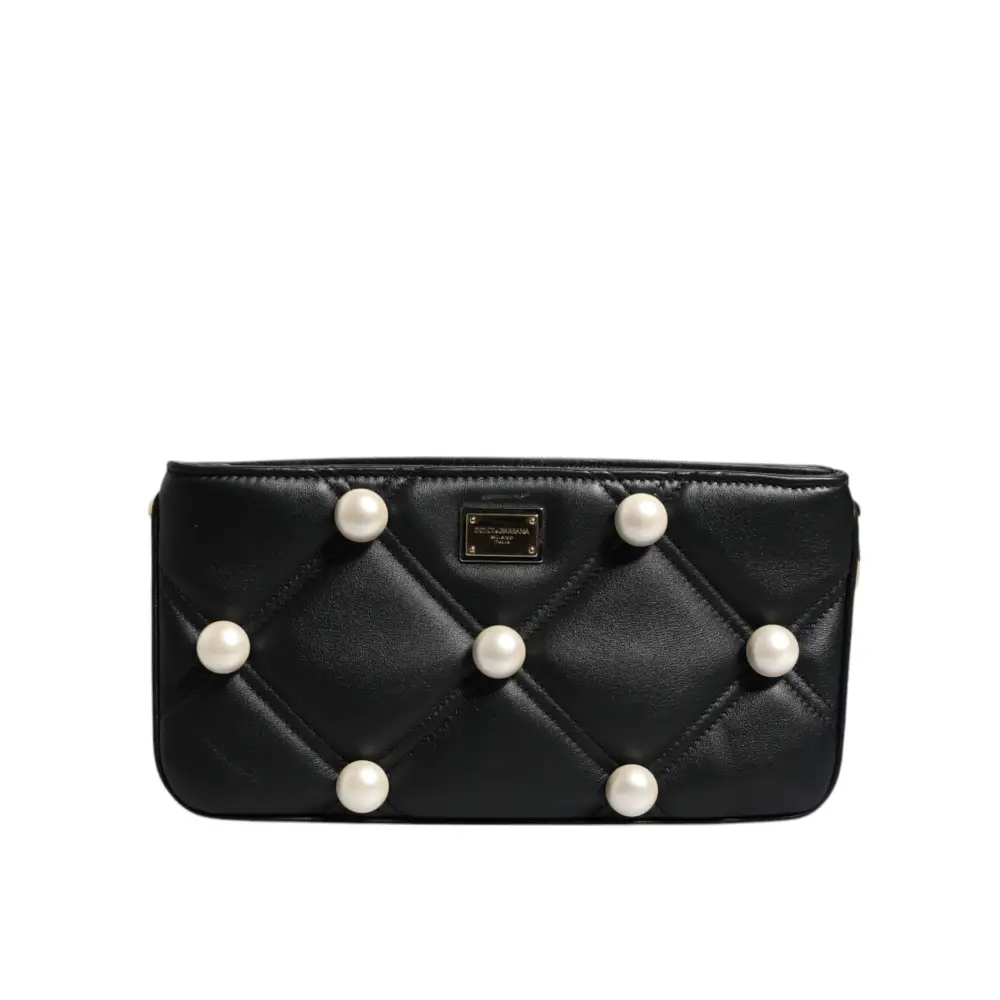 Dolce & Gabbana Schwarze Lederumhängetasche mit Logo und Perlenverzierung