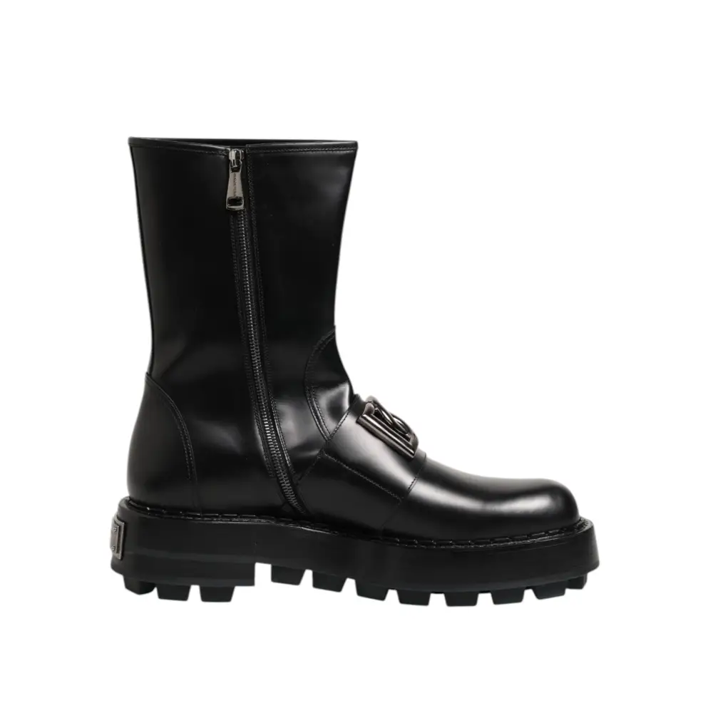 Dolce & Gabbana Schwarze Logo-Plakette Mid Calf Biker Boots Schuhe - EU44/US11