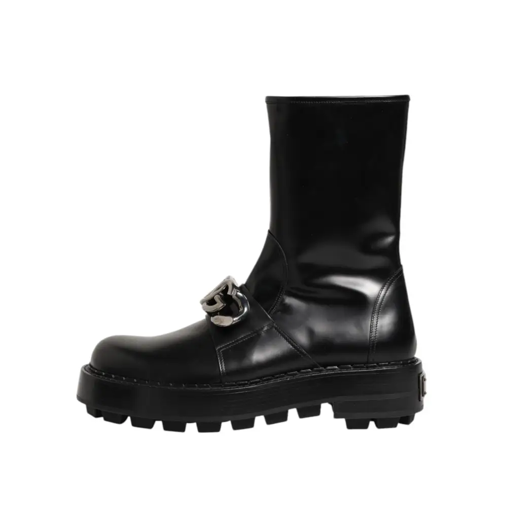 Dolce & Gabbana Schwarze Logo-Plakette Mid Calf Biker Boots Schuhe - EU44/US11