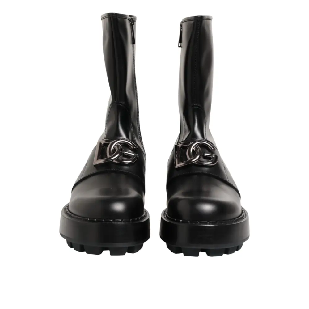 Dolce & Gabbana Schwarze Logo-Plakette Mid Calf Biker Boots Schuhe - EU44/US11