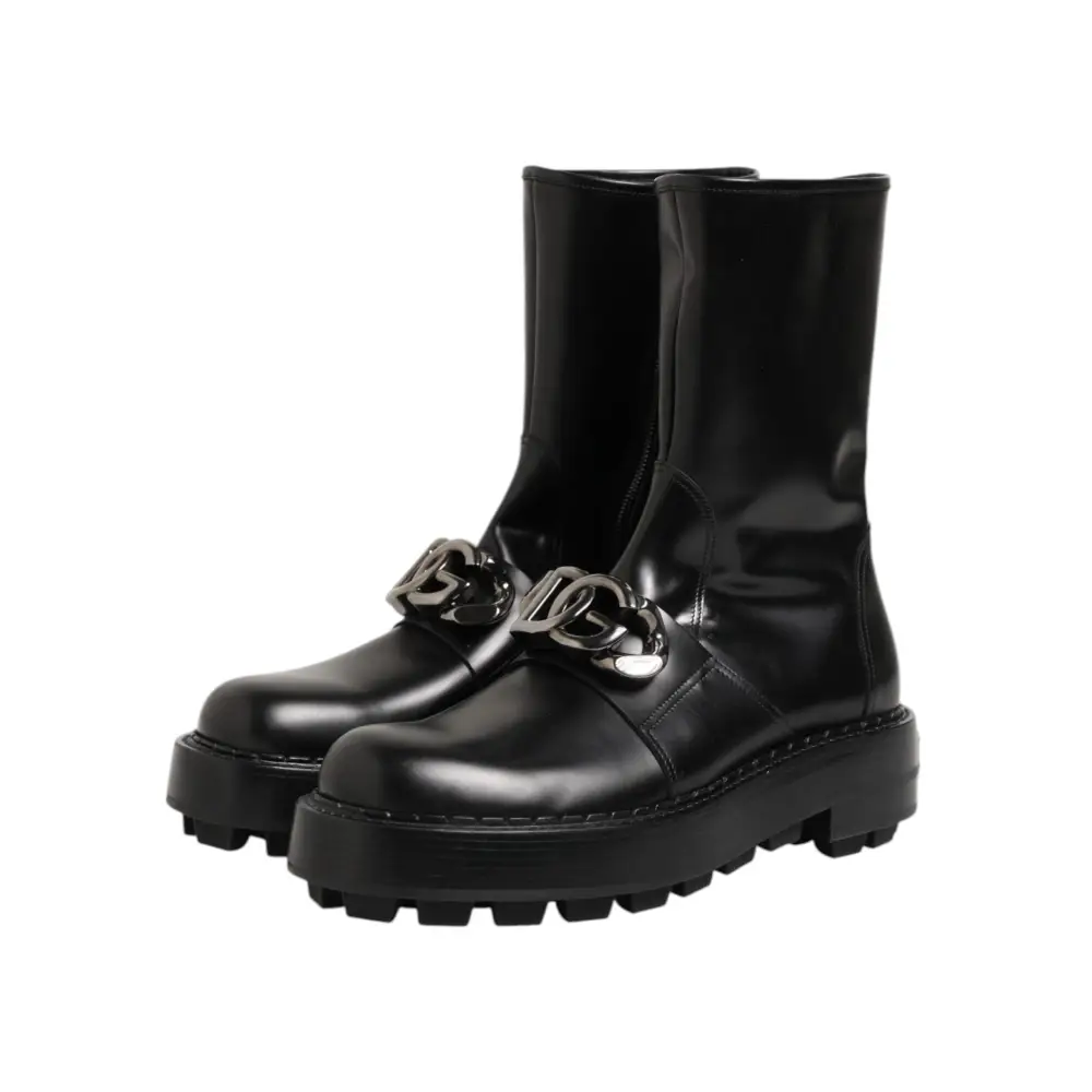 Dolce & Gabbana Schwarze Logo-Plakette Mid Calf Biker Boots Schuhe - EU44/US11