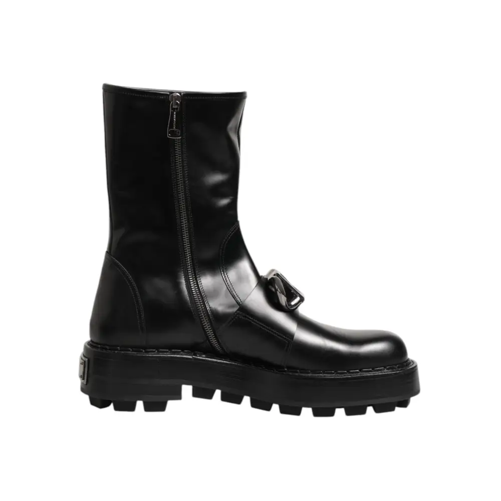 Dolce & Gabbana Schwarze Logo-Plakette Mid Calf Biker Boots Schuhe - EU44/US11