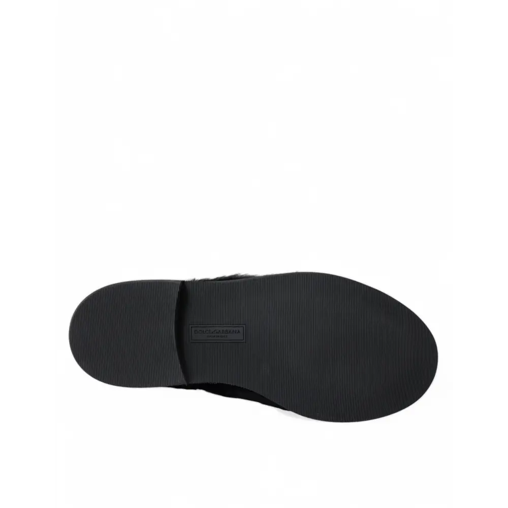 Dolce & Gabbana Schwarze Pelz Leder Schnürschuhe Derby Dress