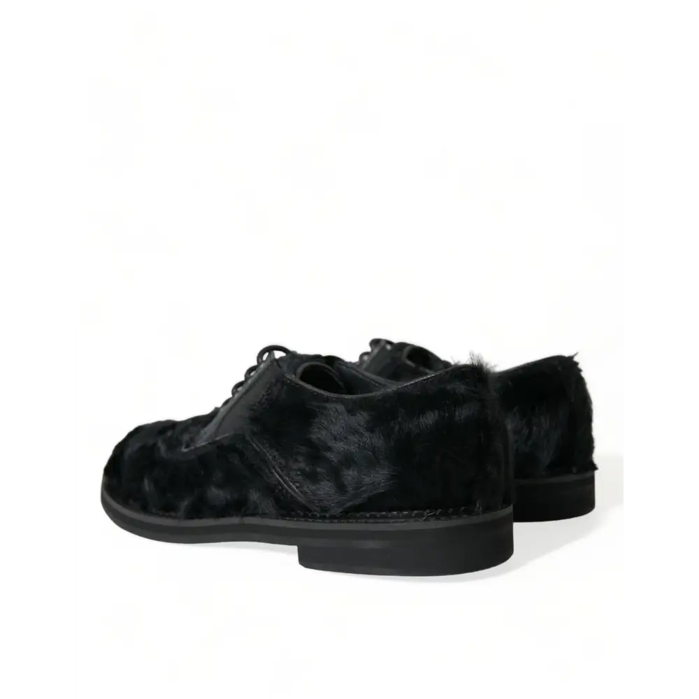 Dolce & Gabbana Schwarze Pelz Leder Schnürschuhe Derby Dress