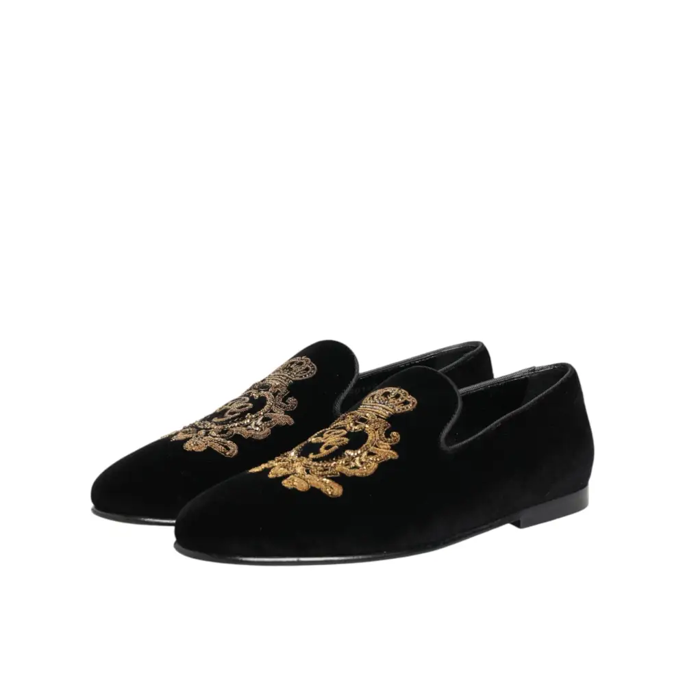 Dolce & Gabbana Schwarze Samt-Goldkrone Herren-Loafer - EU40/US7