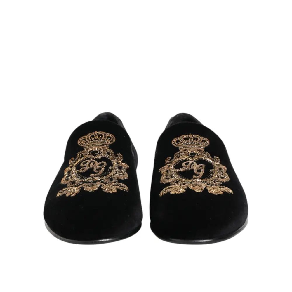 Dolce & Gabbana Schwarze Samt-Goldkrone Herren-Loafer - EU40/US7