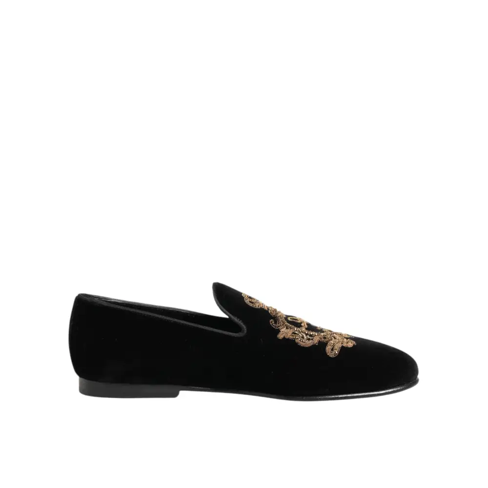 Dolce & Gabbana Schwarze Samt-Goldkrone Herren-Loafer - EU40/US7