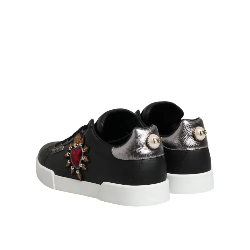 Dolce & Gabbana Schwarze Sneakers aus Leder mit Herz-Applikation - EU 39.5 | US 6.5