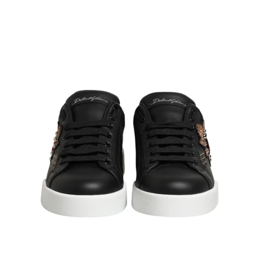 Dolce & Gabbana Schwarze Sneakers aus Leder mit Herz-Applikation - EU 39.5 | US 6.5
