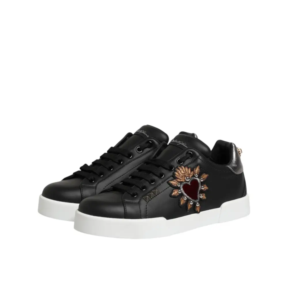Dolce & Gabbana Schwarze Sneakers aus Leder mit Herz-Applikation - EU 39.5 | US 6.5