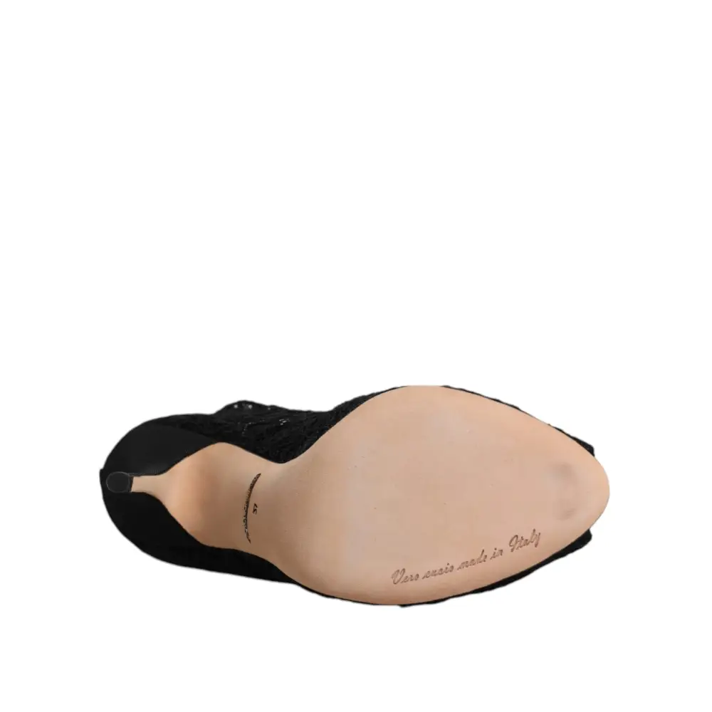 Dolce & Gabbana Schwarze Spitze Stretch Heels Mittlere Wadenstiefel Schuhe - EU37/US7