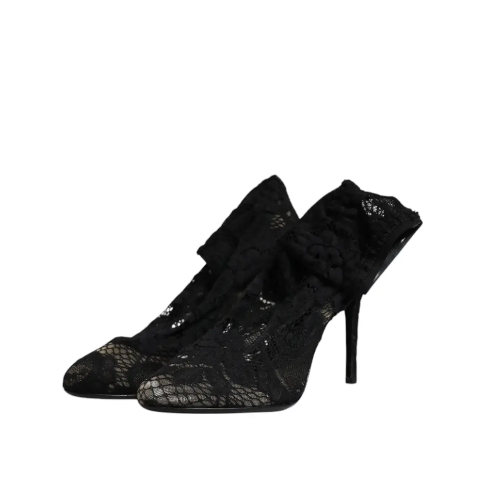 Dolce & Gabbana Schwarze Spitze Stretch Heels Mittlere Wadenstiefel Schuhe - EU37.5/US7