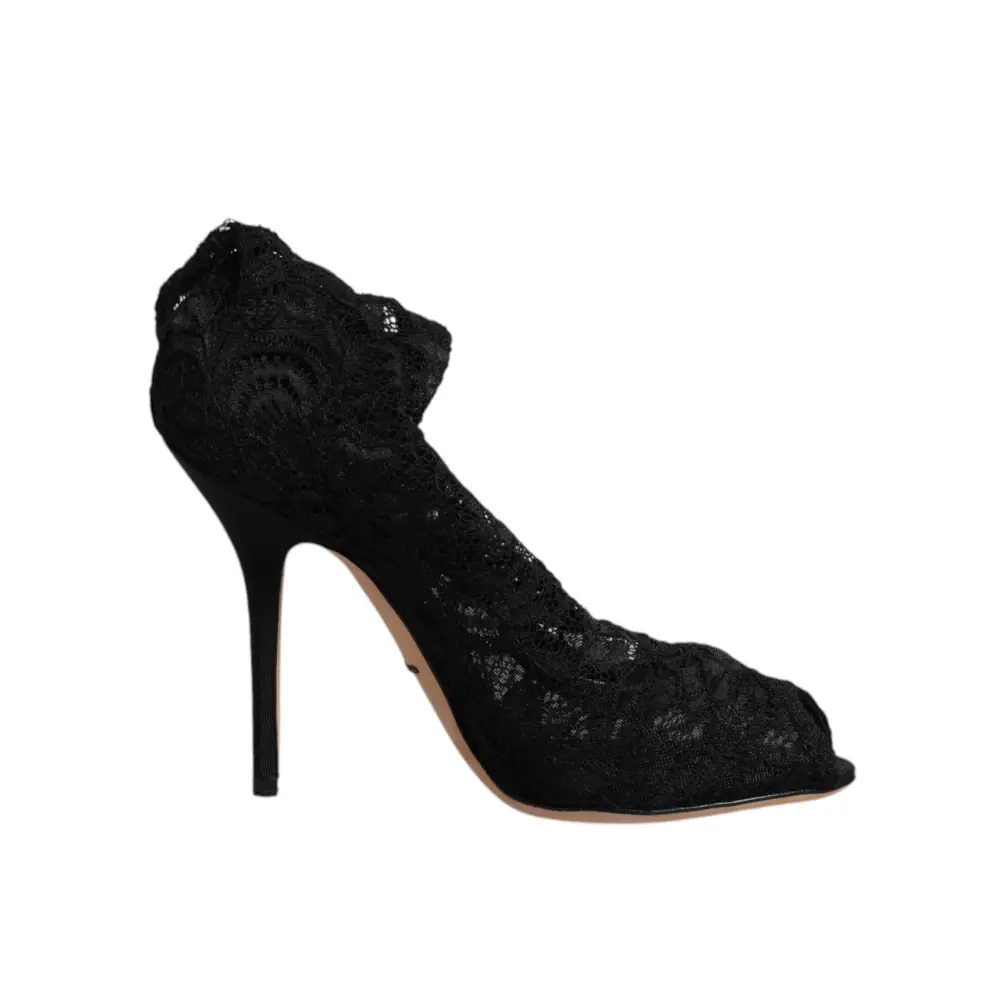 Dolce & Gabbana Schwarze Spitze Stretch Heels Mittlere Wadenstiefel Schuhe - EU37/US7