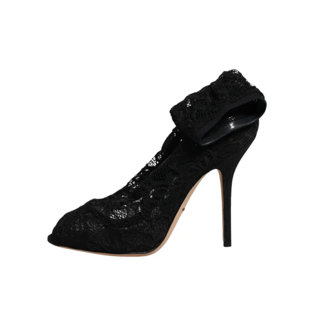 Dolce & Gabbana Schwarze Spitze Stretch Heels Mittlere Wadenstiefel Schuhe - EU37/US7