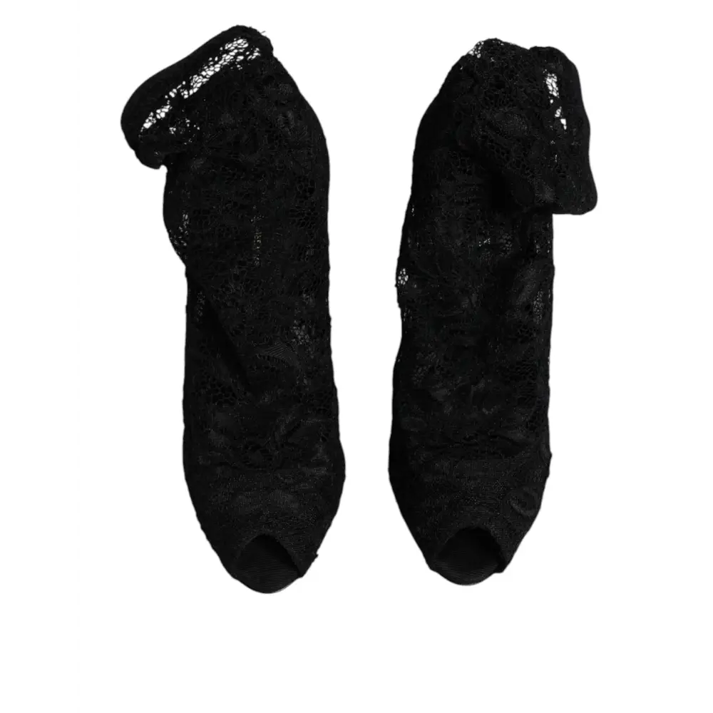 Dolce & Gabbana Schwarze Spitze Stretch Heels Mittlere Wadenstiefel Schuhe - EU37/US7